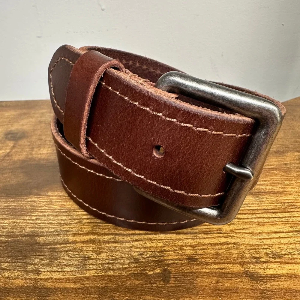 American Eagle Mens Brown Genuine Leather Belt Contrast Stitch Metal Buckle